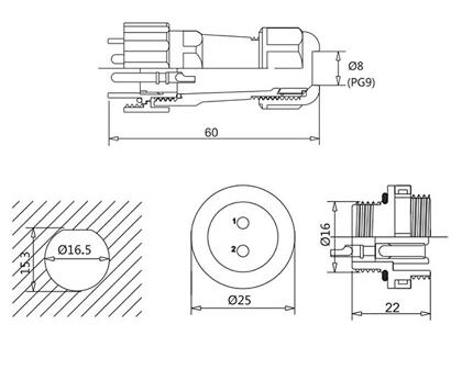 Conector impermeable de 2 pines para chasis