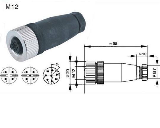 Conector impermeable M12 hembra de 8 pines aéreo