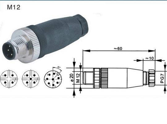 Conector impermeable M12 macho de 5 pines aéreo