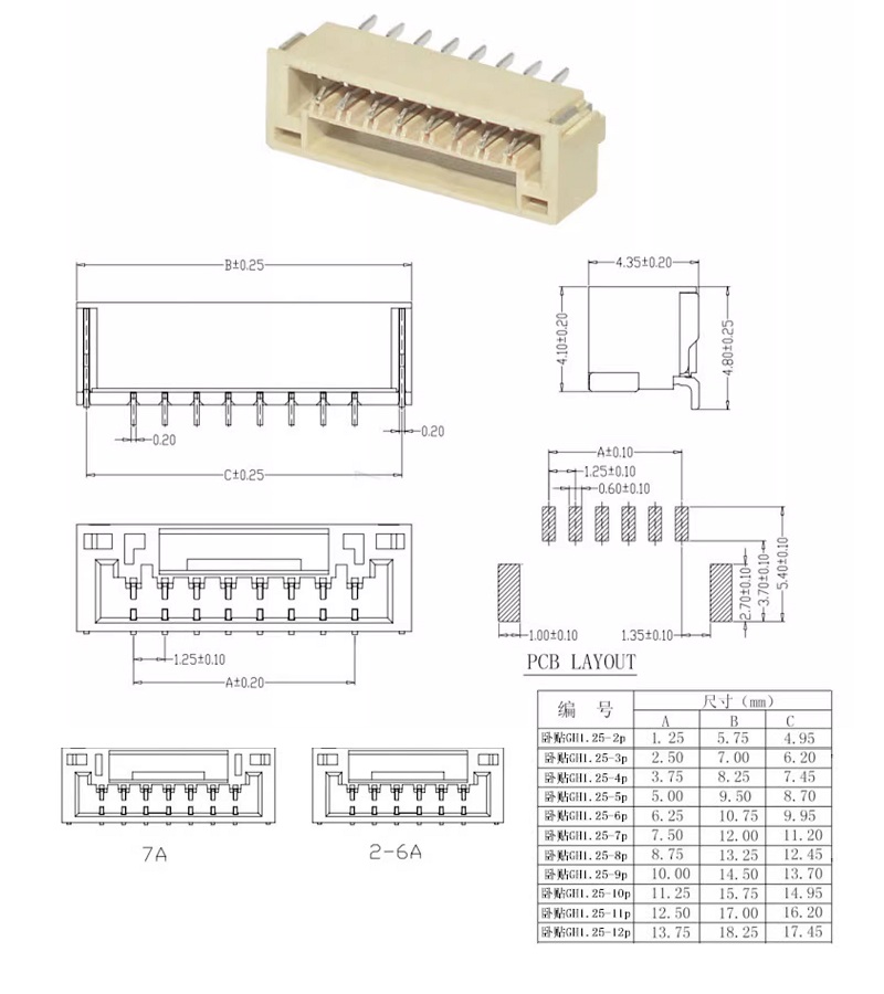 Conector 1.25 para impreso horizontal de 3P