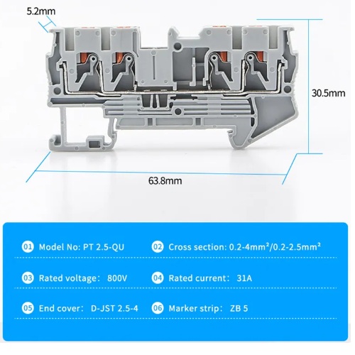Terminal de conexión PT-2.5-QUATTRO Push in para riel DIN. Naranja