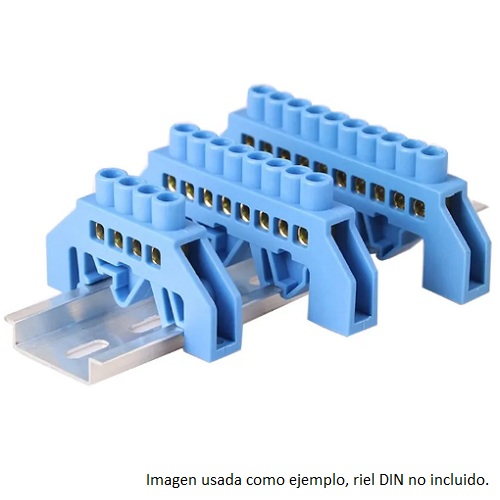 Bornera terminal a tierra en puente 8 posiciones. Para riel DIN. Azul