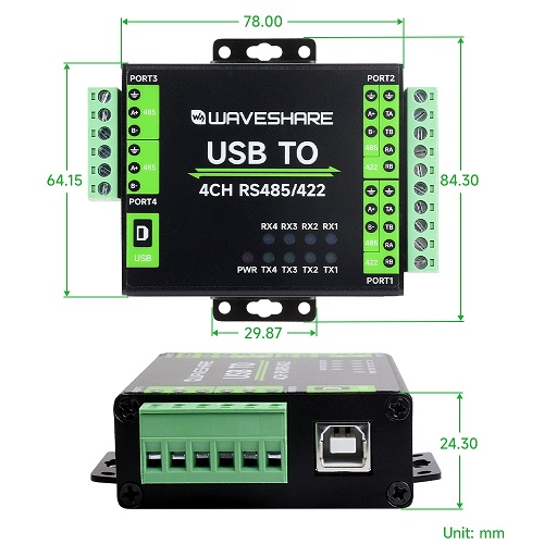 Convertidor industrial aislado de USB a RS485/422 de 4 canales