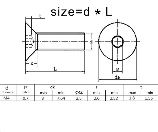 Tornillo Hexágono Avellanado, M4, 12mm