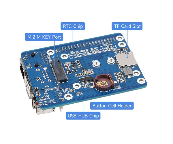 Miniplaca base (C) diseñada para el módulo de cómputo 4 de Raspberry Pi