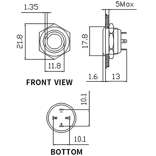 Suiche metálico 16mm para exteriores. Con aro de luz roja 12-24V