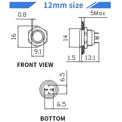 Suiche metálico 12mm para exteriores. Con aro de luz rojo 12-24V