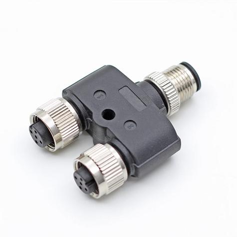 Conector impermeable M12 5 pines en T de 1 macho a 2 hembras