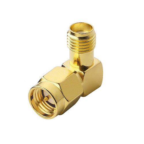 Conector RF SMA macho a hembra. En ángulo